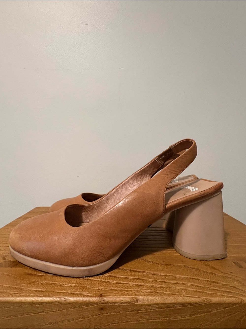 Camper Tan Leather Block Heel Slingback